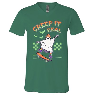 Funny Halloween Creep It Real Skater Skateboarding Ghost V-Neck T-Shirt