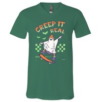 Funny Halloween Creep It Real Skater Skateboarding Ghost V-Neck T-Shirt