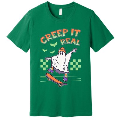 Funny Halloween Creep It Real Skater Skateboarding Ghost Premium T-Shirt