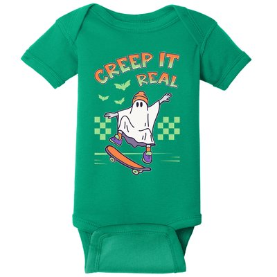Funny Halloween Creep It Real Skater Skateboarding Ghost Baby Bodysuit