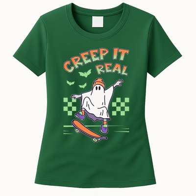 Funny Halloween Creep It Real Skater Skateboarding Ghost Womens T-Shirt