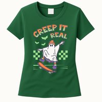 Funny Halloween Creep It Real Skater Skateboarding Ghost Womens T-Shirt