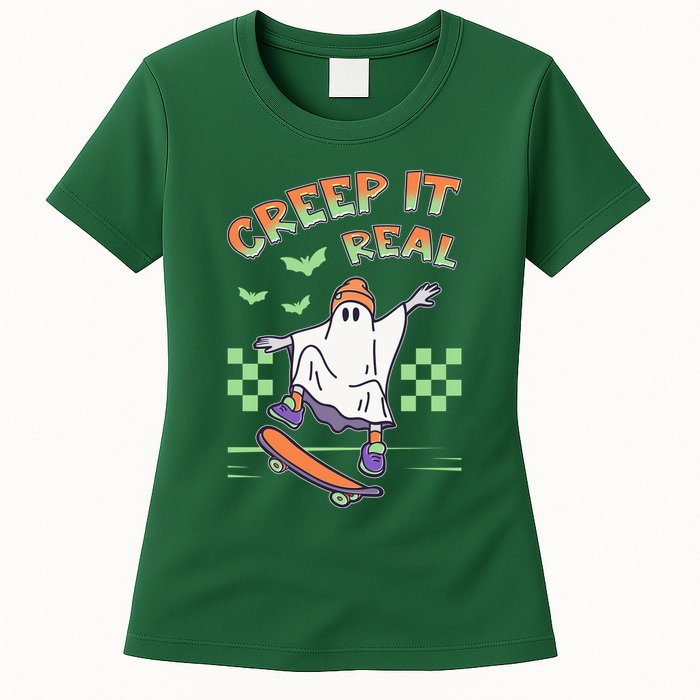 Funny Halloween Creep It Real Skater Skateboarding Ghost Womens T-Shirt
