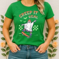 Funny Halloween Creep It Real Skater Skateboarding Ghost Womens T-Shirt