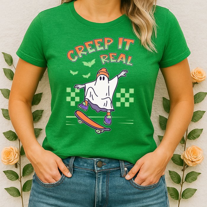 Funny Halloween Creep It Real Skater Skateboarding Ghost Womens T-Shirt