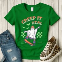Funny Halloween Creep It Real Skater Skateboarding Ghost Womens T-Shirt