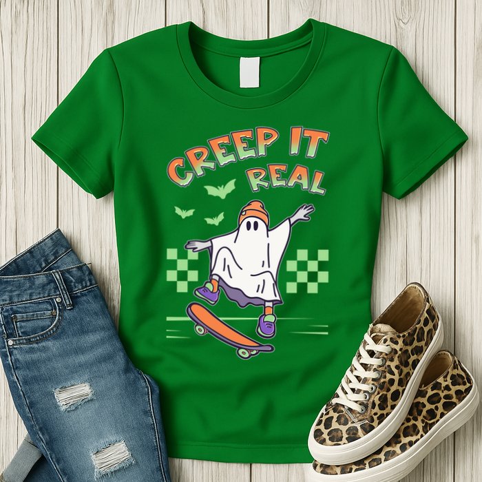 Funny Halloween Creep It Real Skater Skateboarding Ghost Womens T-Shirt