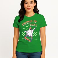 Funny Halloween Creep It Real Skater Skateboarding Ghost Womens T-Shirt