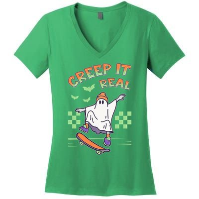 Funny Halloween Creep It Real Skater Skateboarding Ghost Women's V-Neck T-Shirt
