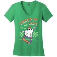 Funny Halloween Creep It Real Skater Skateboarding Ghost Women's V-Neck T-Shirt