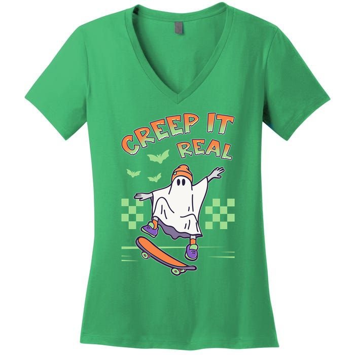 Funny Halloween Creep It Real Skater Skateboarding Ghost Women's V-Neck T-Shirt
