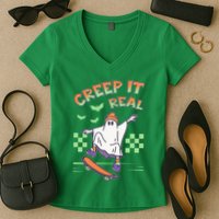 Funny Halloween Creep It Real Skater Skateboarding Ghost Women's V-Neck T-Shirt