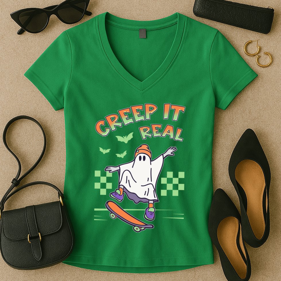 Funny Halloween Creep It Real Skater Skateboarding Ghost Women's V-Neck T-Shirt