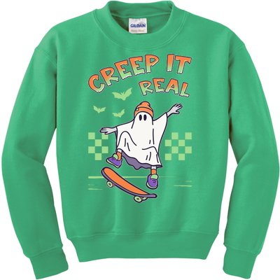 Funny Halloween Creep It Real Skater Skateboarding Ghost Kids Sweatshirt