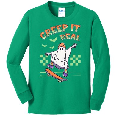 Funny Halloween Creep It Real Skater Skateboarding Ghost Kids Long Sleeve Shirt