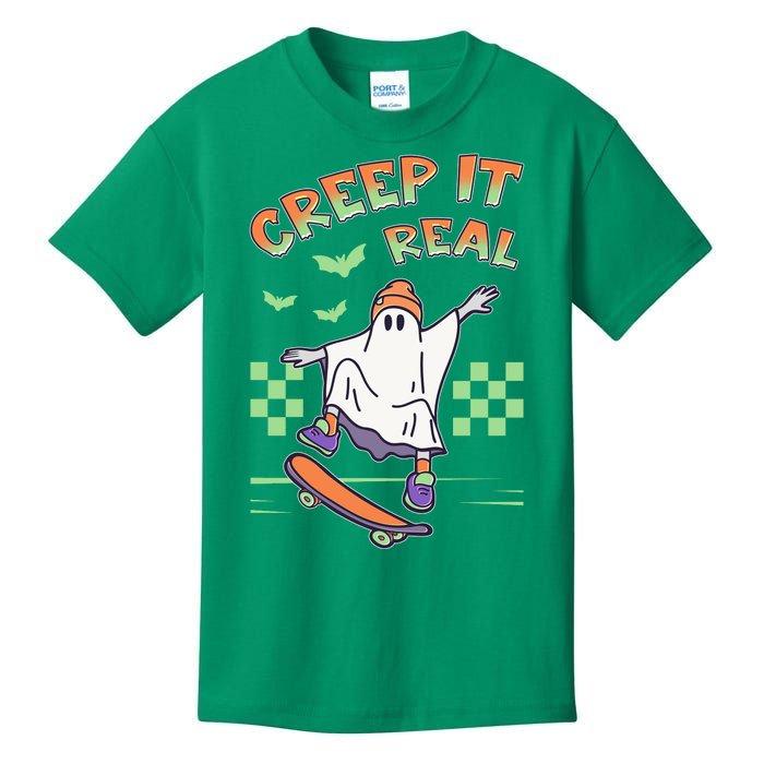 Funny Halloween Creep It Real Skater Skateboarding Ghost Kids T-Shirt