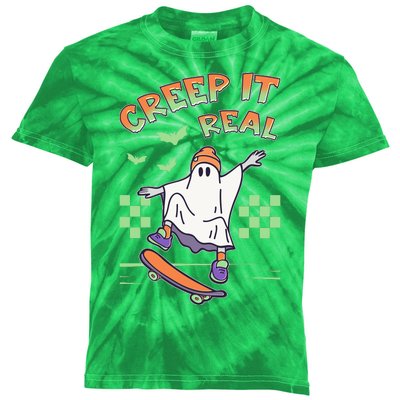 Funny Halloween Creep It Real Skater Skateboarding Ghost Kids Tie-Dye T-Shirt