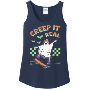 Funny Halloween Creep It Real Skater Skateboarding Ghost Ladies Essential Tank