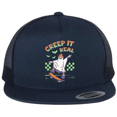 Funny Halloween Creep It Real Skater Skateboarding Ghost Flat Bill Trucker Hat