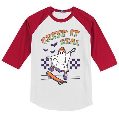 Funny Halloween Creep It Real Skater Skateboarding Ghost Kids Colorblock Raglan Jersey