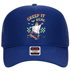 Funny Halloween Creep It Real Skater Skateboarding Ghost High Crown Mesh Back Trucker Hat