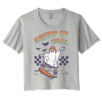 Funny Halloween Creep It Real Skater Skateboarding Ghost Women's Crop Top Tee