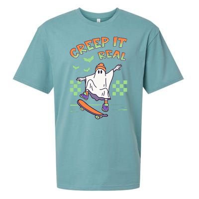 Funny Halloween Creep It Real Skater Skateboarding Ghost Sueded Cloud Jersey T-Shirt