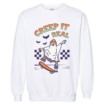 Funny Halloween Creep It Real Skater Skateboarding Ghost Garment-Dyed Sweatshirt