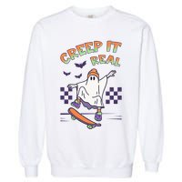 Funny Halloween Creep It Real Skater Skateboarding Ghost Garment-Dyed Sweatshirt