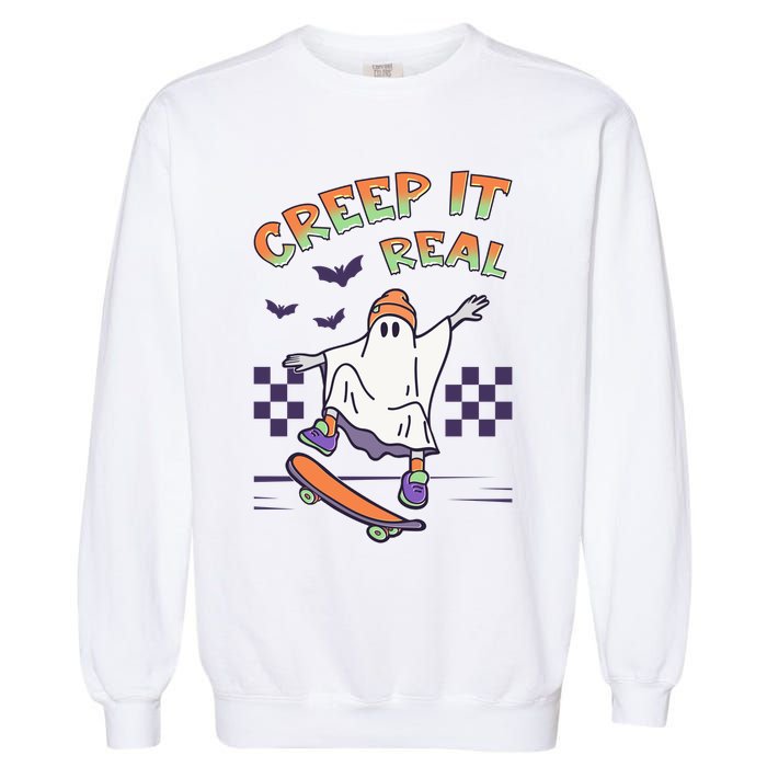 Funny Halloween Creep It Real Skater Skateboarding Ghost Garment-Dyed Sweatshirt