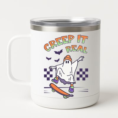 Funny Halloween Creep It Real Skater Skateboarding Ghost 12 oz Stainless Steel Tumbler Cup