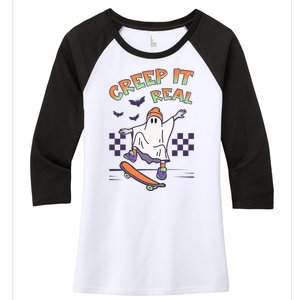 Funny Halloween Creep It Real Skater Skateboarding Ghost Women's Tri-Blend 3/4-Sleeve Raglan Shirt