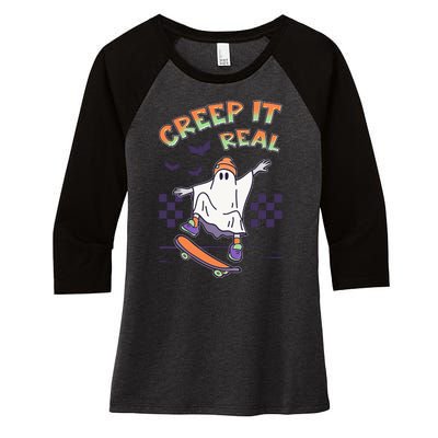 Funny Halloween Creep It Real Skater Skateboarding Ghost Women's Tri-Blend 3/4-Sleeve Raglan Shirt