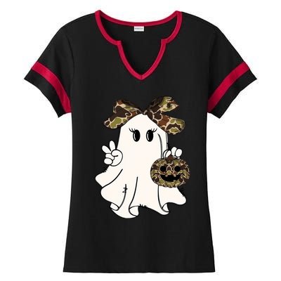 Funny Halloween Camouflage Camo Ghost Hello Hunting Season Ladies Halftime Notch Neck Tee