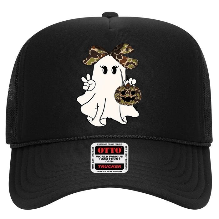 Funny Halloween Camouflage Camo Ghost Hello Hunting Season High Crown Mesh Back Trucker Hat