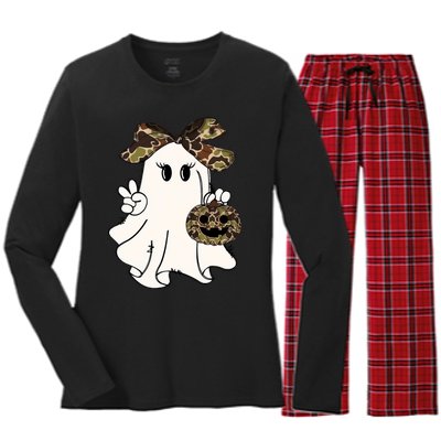 Funny Halloween Camouflage Camo Ghost Hello Hunting Season Women's Long Sleeve Flannel Pajama Set 