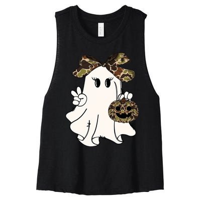 Funny Halloween Camouflage Camo Ghost Hello Hunting Season Women's Racerback Cropped Tank