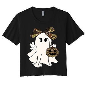 Funny Halloween Camouflage Camo Ghost Hello Hunting Season Women's Crop Top Tee