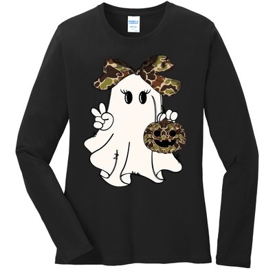 Funny Halloween Camouflage Camo Ghost Hello Hunting Season Ladies Long Sleeve Shirt