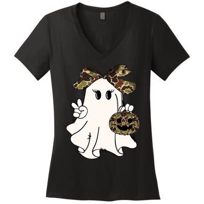 Funny Halloween Camouflage Camo Ghost Hello Hunting Season Women's V-Neck T-Shirt