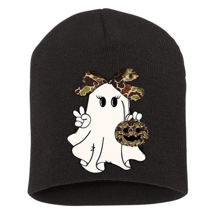 Funny Halloween Camouflage Camo Ghost Hello Hunting Season Short Acrylic Beanie