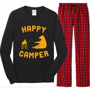 Funny Happy Camper Gift With Bear And Bonfire Gift Long Sleeve Pajama Set