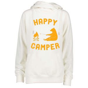 Funny Happy Camper Gift With Bear And Bonfire Gift Womens Funnel Neck Pullover Hood