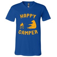 Funny Happy Camper Gift With Bear And Bonfire Gift V-Neck T-Shirt