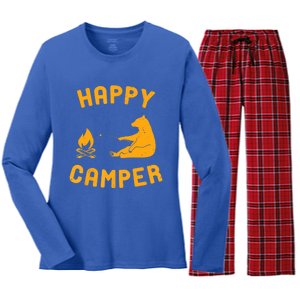 Funny Happy Camper Gift With Bear And Bonfire Gift Women's Long Sleeve Flannel Pajama Set 