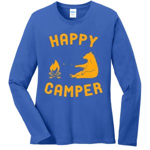 Funny Happy Camper Gift With Bear And Bonfire Gift Ladies Long Sleeve Shirt