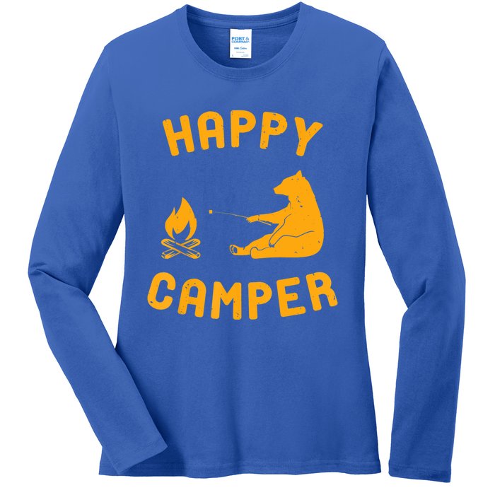 Funny Happy Camper Gift With Bear And Bonfire Gift Ladies Long Sleeve Shirt