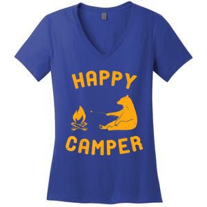 Funny Happy Camper Gift With Bear And Bonfire Gift Women's V-Neck T-Shirt