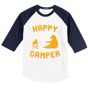 Funny Happy Camper Gift With Bear And Bonfire Gift Baseball Sleeve Shirt