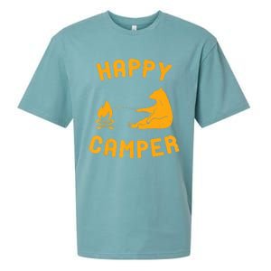 Funny Happy Camper Gift With Bear And Bonfire Gift Sueded Cloud Jersey T-Shirt